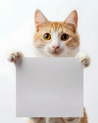 Cute cat holding blank white paper in its paws isolated on white background