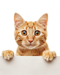 Cute cat holding blank white paper in its paws isolated on white background