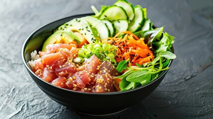 Close up of a classic German leaf paired with tuna avocado and vegetables in a sleek Nordic bowl with room for text