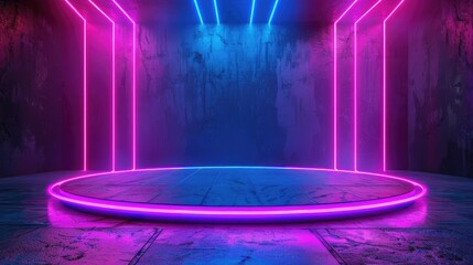 Vibrant neon purple and blue laser lines on grunge asphalt, creating a futuristic retro stage for a sci-fi podium. Realistic 3D rendering.