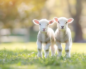 Adorable Baby Lambs Playing in Lush Green Pasture Farm Animal Concept with Copy Space