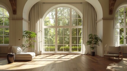 Fototapeta premium Behold a beautiful room featuring a magnificent arched window, inviting abundant natural light. Ideal for interior design concepts.
