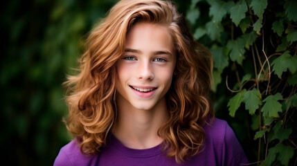 Portrait of a happy smiling red-haired with long hair confident teenage guy with perfect skin, purple background, banner.