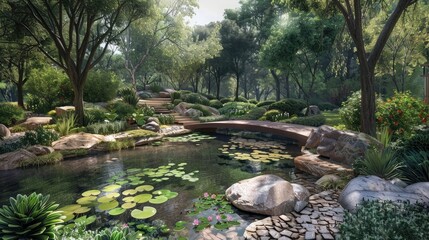 A tranquil meditation garden, where practitioners find peace and serenity amidst the beauty of nature.