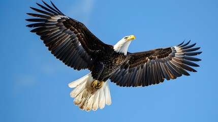 Obraz premium Majestic Bald Eagle Soaring High in Clear Blue Sky Concept of Freedom and Strength in Nature