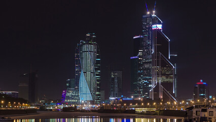Fototapeta premium Skyscrapers International Business Center City at night timelapse hyperlapse, Moscow, Russia