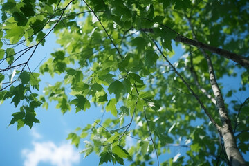Fototapeta premium Poplar Tree Branches with Green Leaves Under Blue Sky for Nature Background