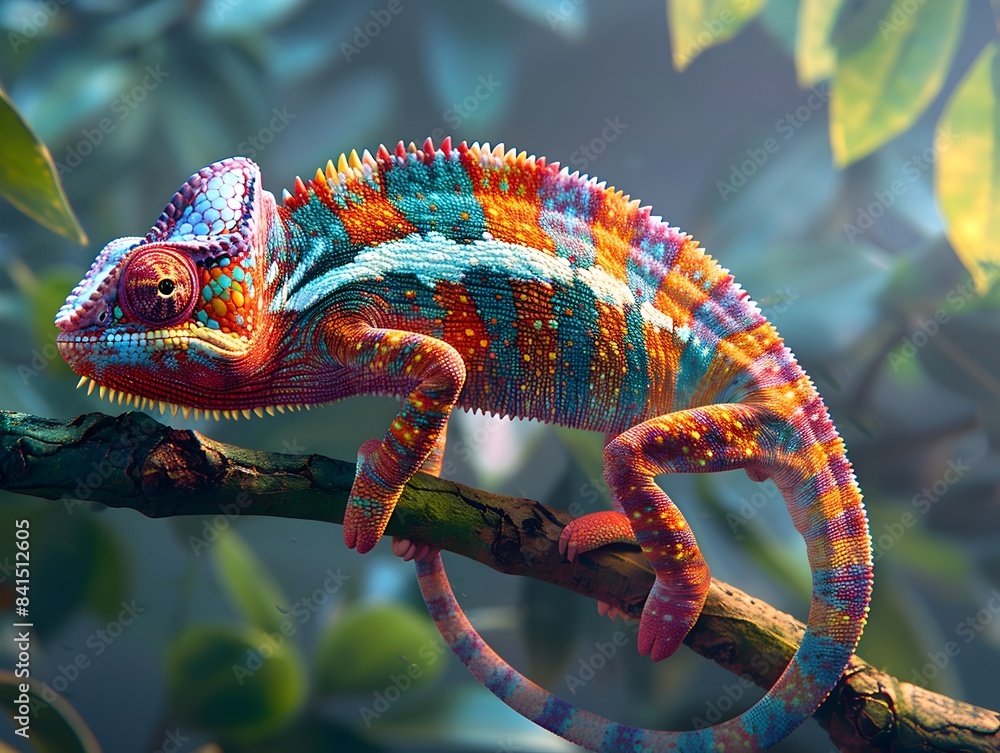 Poster captivating chameleon blending seamlessly into vibrant foliage on branch with copy space