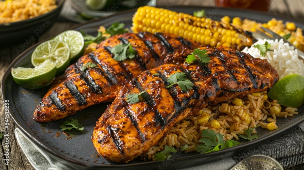 Wall mural A platter of grilled chicken steaks marinated in a spicy chipotle marinade, served with roasted corn on the cob and cilantro lime rice - Wall murals