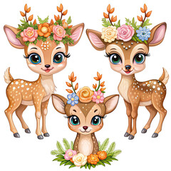 Obraz premium Adorable cartoon illustration of three baby deer wearing floral crowns. The deer are brown with white spots and have large, bright eyes. The image is perfect for childrens books, cards, and other cute