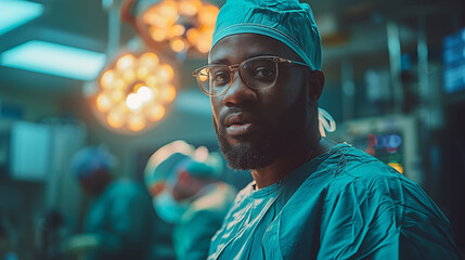 Pensive black man wearing glasses and cap gazing in urban setting with blurred lights. Concept of urban life, contemplation, and street culture.