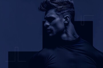 Fototapeta premium a young man standing by the wall and looking into the distance. The lighting creates an interesting play of shadows on the wall behind him, emphasizing his profile. The tonality of the image is in dee