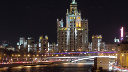 Dusk view of the Kotelnicheskaya Embankment Building, one of the Seven Sisters buildings in Moscow...