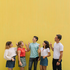 Happy group teenagers show something on the yellow background with copy space.