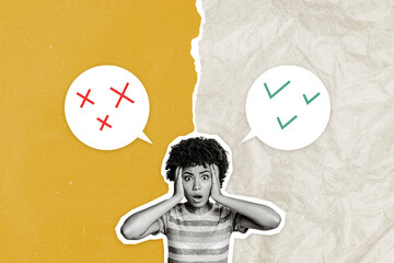 Composite photo collage of shocked american girl make decision green red side option cross check...