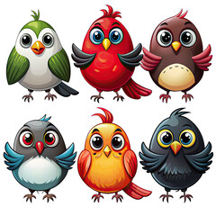 Fototapeta premium A collection of six cute cartoon birds with different colors and features, isolated on a white background. Generative AI