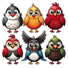 Fototapeta premium A digital illustration featuring six adorable cartoon birds in various colors, including red, yellow, green, black, and white. Each bird is positioned separately against a plain white backdrop. Genera
