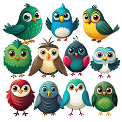 Fototapeta premium A collection of 12 cute cartoon birds, each with unique colors and expressions, isolated on a white background. Generative AI