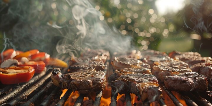 A sizzling summer barbecue scene featuring juicy meats being grilled to perfection on a smoky outdoor grill, ideal for a family dinner or a friendly gathering