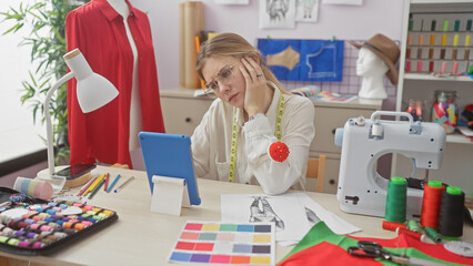 A thoughtful young woman with glasses using a tablet in a colorful atelier surrounded by sewing items.