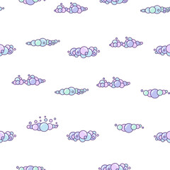 Soap foam set with bubbles. Seamless pattern. Suds of bath, shampoo, shaving, mousse. Cloudy frame and corner. Hand drawn style. Vector drawing. Design ornaments.