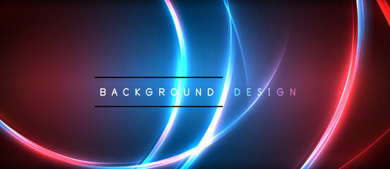 Neon glowing circle rays, light round lines in the dark, planet style neon wave lines. Energetic electric concept design for wallpaper, banner, background