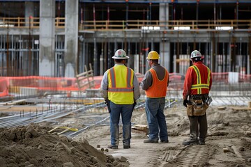 Three construction workers stand with their backs turned and assess the scale of construction work. review of the construction site, monitoring the completion of assigned tasks