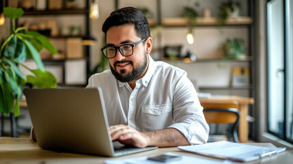 Dedicated Down Syndrome Man Working on Ecommerce Business with Laptop at Office, Demonstrating Determination and Productivity in an Inclusive Work Environment