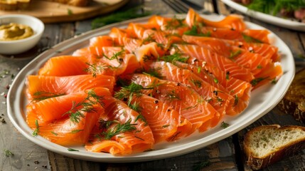A platter of salmon gravlax, thinly sliced cured salmon garnished with dill and served with mustard sauce and toast points, a classic Scandinavian appetizer