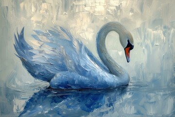 Elegant and serene blue swan painting with textured feathers and graceful reflection in water, a unique and modern artwork perfect for interior design and home decoration