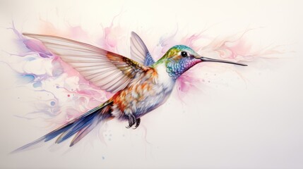 Obraz premium A colorful hummingbird is flying through a pink and blue background