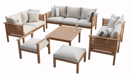 Modern outdoor wooden furniture set with gray cushions, including sofas, chairs, table, and ottomans, perfect for patio or garden spaces.