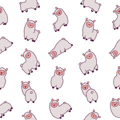 Cute kawaii little llama. Seamless pattern. Cartoon funny alpaca, animals character. Hand drawn style. Vector drawing. Design ornaments.