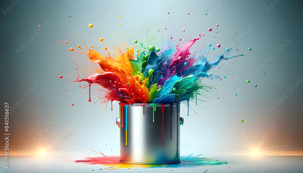 Aufkleber a paint can with vibrant, multicolored paint splashes exploding out of it. The background is plain and light, creating a stark contrast to the vivid colors.