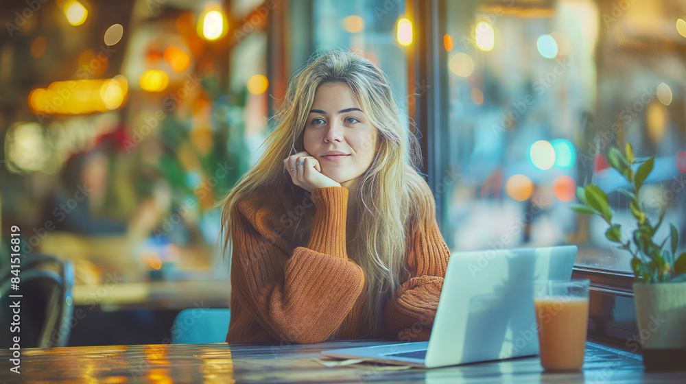 Poster a woman sitting in a cafe with a laptop, soft bokeh lights in the background, concept of remote work
