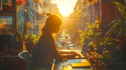Silhouette of a person working on a laptop among plants, bathed in warm sunset light, concept of remote work in a cozy environment, Generative AI. Generative AI