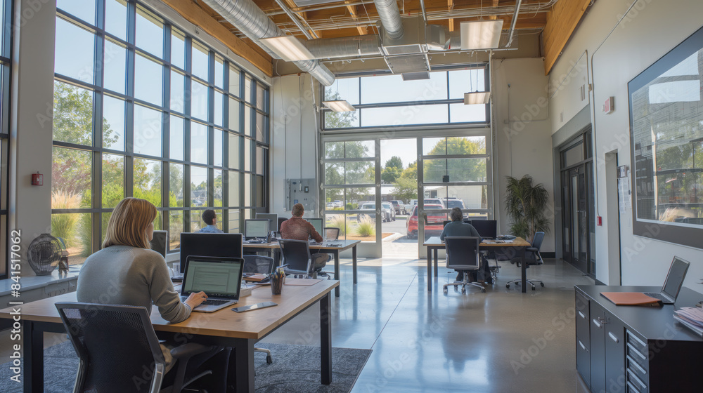 Poster people working in a modern office space with large windows and a bright interior, concept of a creat