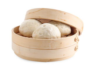 Delicious chinese steamed buns in bamboo steamer isolated on white