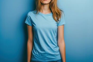 Fototapeta premium Young adult in a plain blue t-shirt poses against a solid blue background