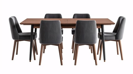 Modern dining table set with six padded chairs in dark grey and wooden accents, perfect for contemporary living spaces and dining areas.