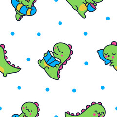 Cute smiling kawaii dinosaur. Seamless pattern. Cartoon funny dino characters. Hand drawn style. Vector drawing. Design ornaments.