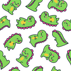 Cute smiling kawaii dinosaur. Seamless pattern. Cartoon funny dino characters. Hand drawn style. Vector drawing. Design ornaments.