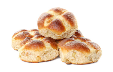Tasty hot cross buns isolated on white
