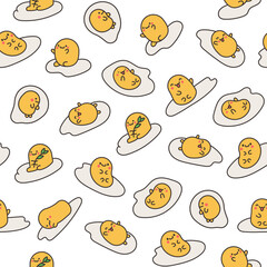 Kawaii yolk with funny face. Seamless pattern. Cartoon egg character for breakfast. Hand drawn style. Vector drawing. Design ornaments.