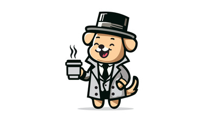 Happy Cute Dog drinking coffee wearing a hat and suit