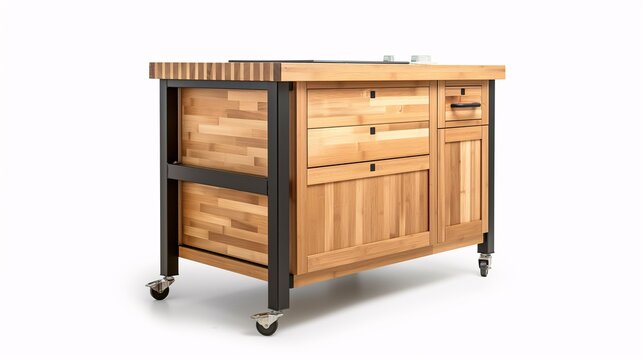 Wooden rolling workbench with drawers and shelves, featuring a sturdy metal frame and lockable wheels for stability and mobility.