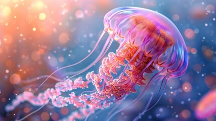 Glowing Jellyfish With Transparent Bell And Flowing Tentacles Floating In Colorful Ocean Light, Vibrant Underwater Marine Scene
