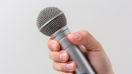 A single hand holding a silver microphone isolated on a white background.