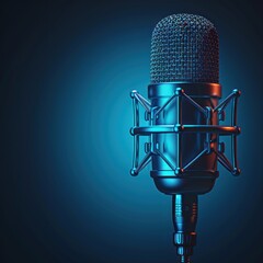 Podcasting microphone with sound waves on blue background for podcast banner or poster design. concept for creating a simple but visually appealing audio file interface