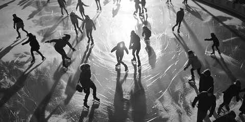Group of people having fun on an outdoor ice rink, great for winter sports or holiday season images